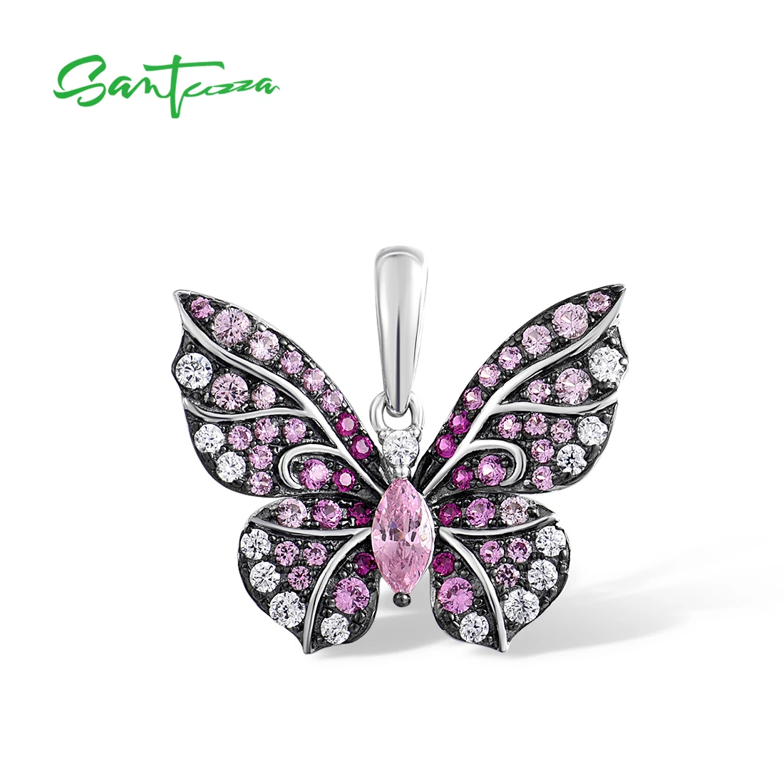 SANTUZZA Real 925 Silver Sterling Pendant For Women Elegant Created Pink Sapphire Safari Butterfly Fashion Party Fine Jewelry