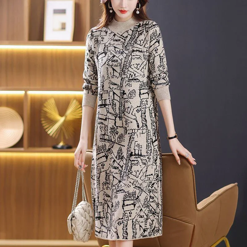 

Literary Vintage Printing Loose Casual Robe Femme Long Sleeve Fashion Bottoming Dress Women Oversized Midi Vestido XT532