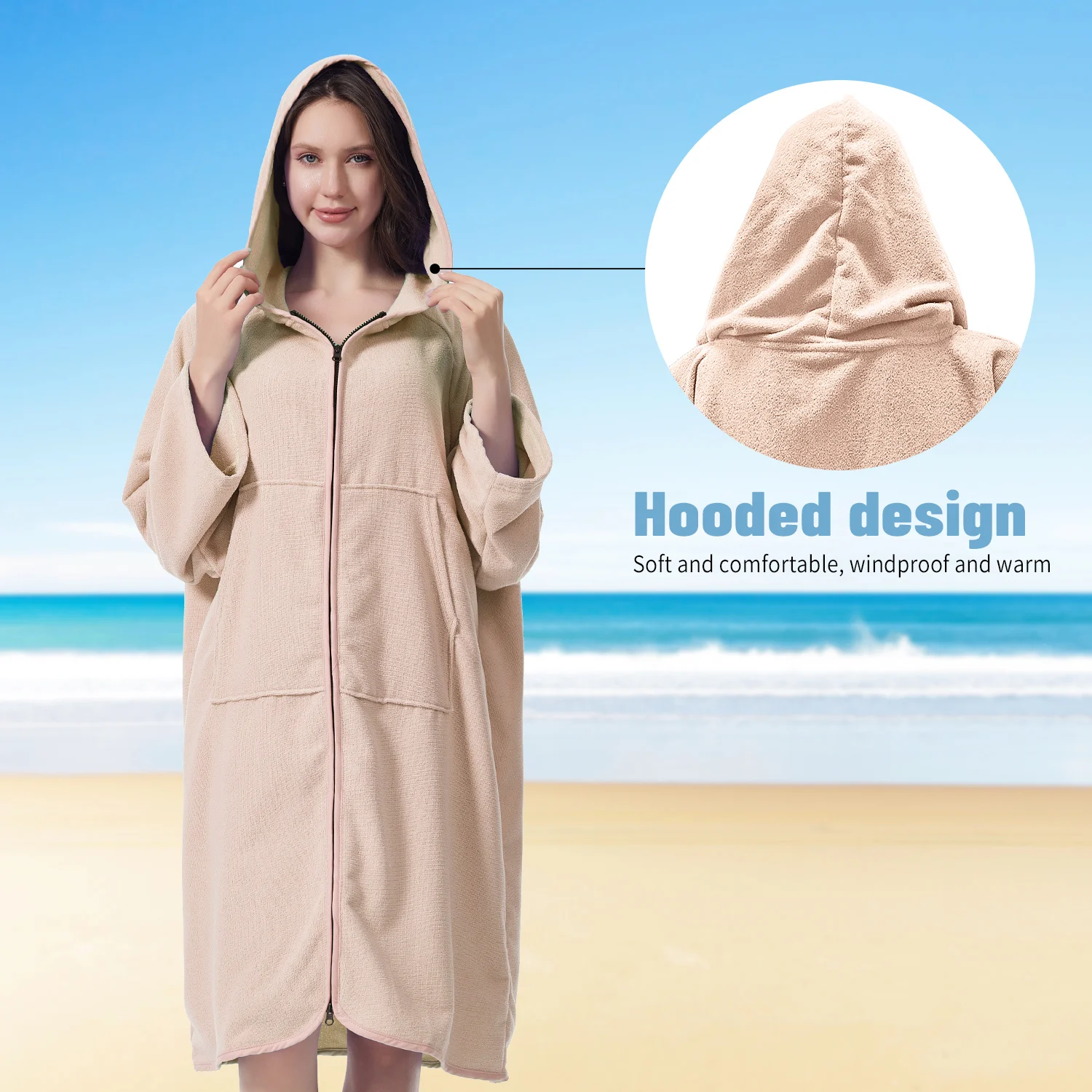 Mutao Schlingenbademäntel mit Reißverschluss, weiche lange Ärmel – super saugfähig, schnell trocknend, warm, perfekt geeignet für Strand, Schwimmen – Detail 5