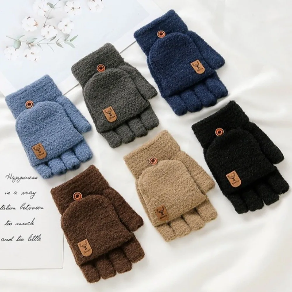 Fashion Warm Winter Knitted Gloves Windproof Thickened Half Finger Mittens Fleece Jacquard Thermal Gloves for Men