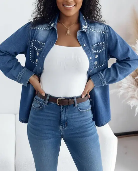 

Women's Jacket 2025 New Rhinestone & Pearls Decor Turn-Down Collar Button Front Asymmetrical Hem Flap Pockets Design Denim Coat