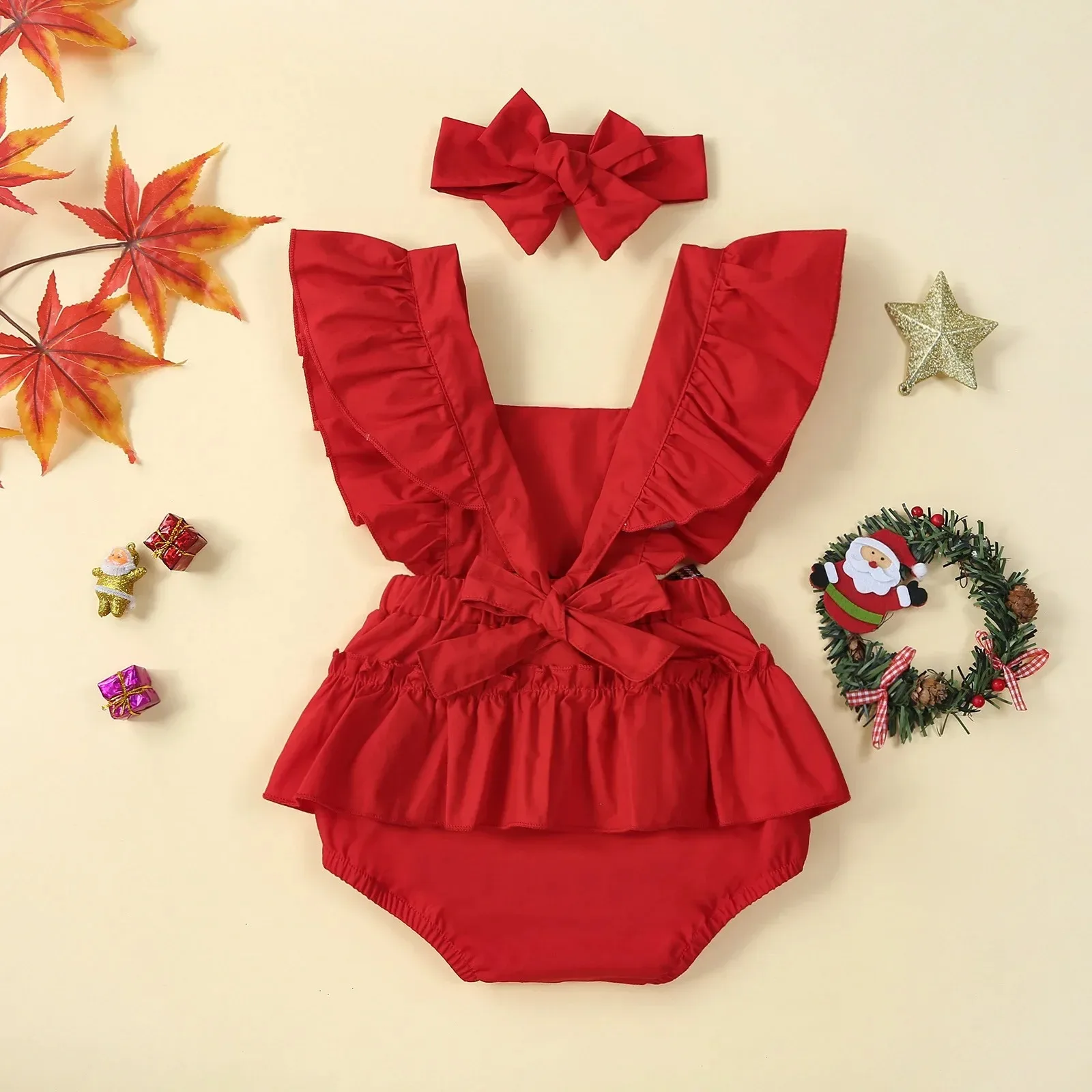 Christmas Newborn Infant Baby Girl Letter Print Jumpsuit Bow Overall Headband 2Pcs Xmas Costumes Outfits For 0-24M