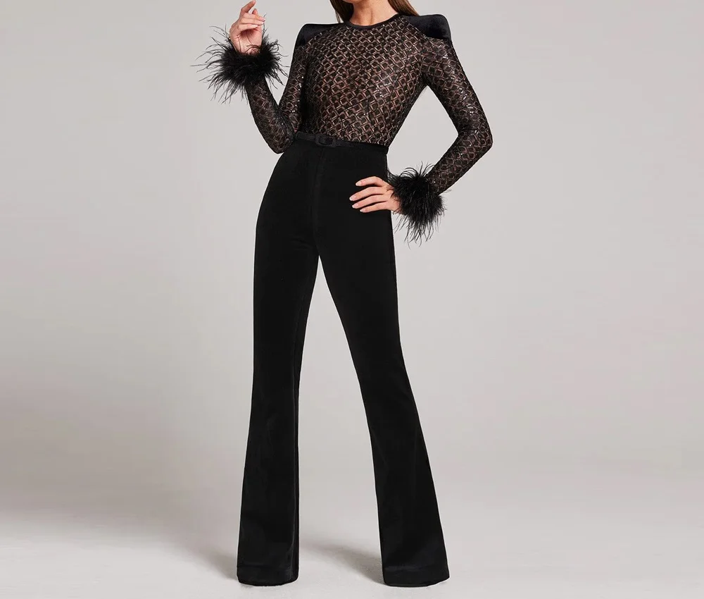 KLEEZY Fashion New Women's Sexy Long-sleeved Lace Feather Sequins Bandage Elegant Celebrity Party Club Jumpsuit