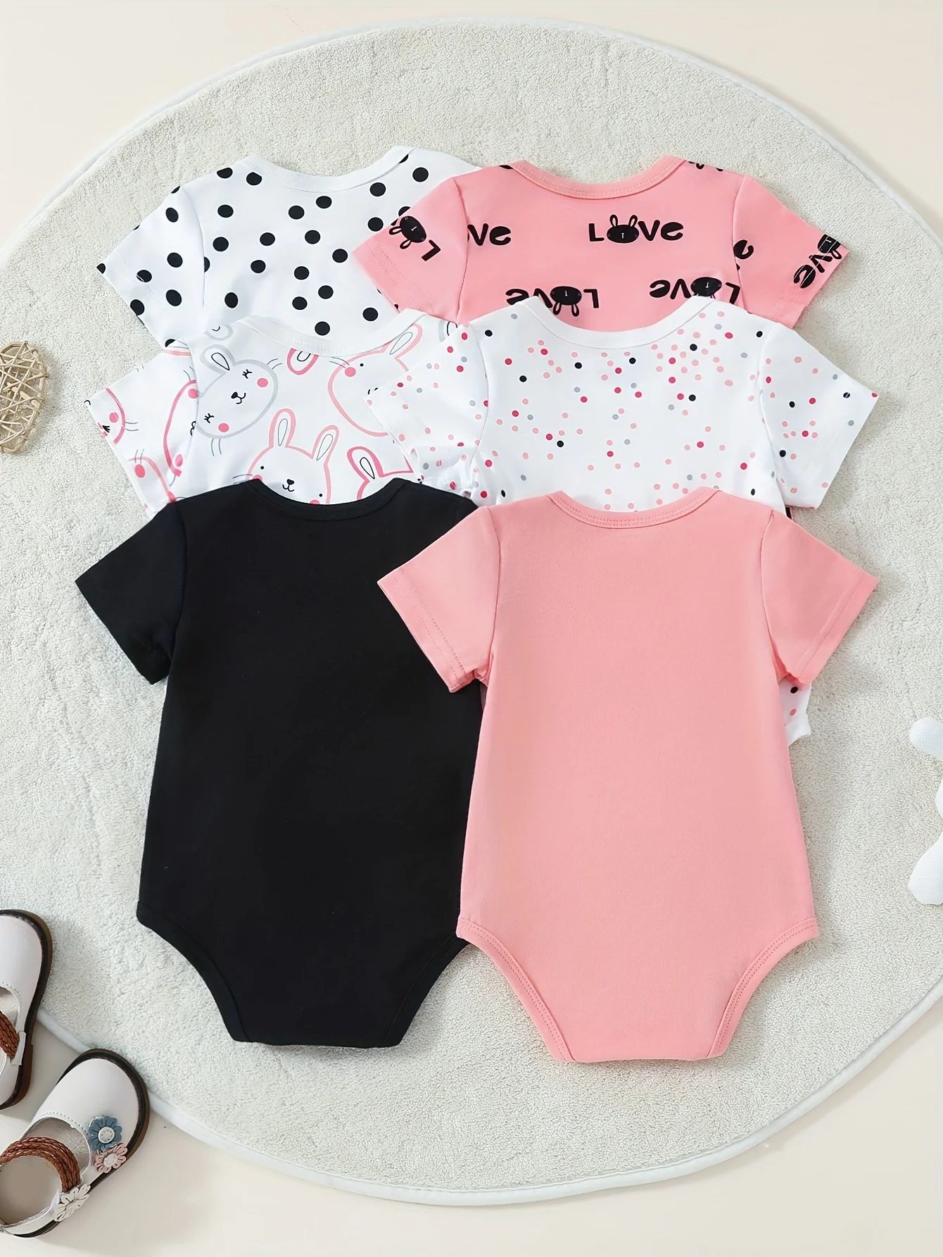 6-piece set best-selling four-season multi-color cute rabbit casual short-sleeve romper with round neck