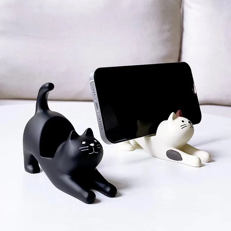 Black Stretching Cat Desktop Stand 'Meow' Star Ornament Lazy Person Cell Phone Holder Resin Craft Desk Accessory