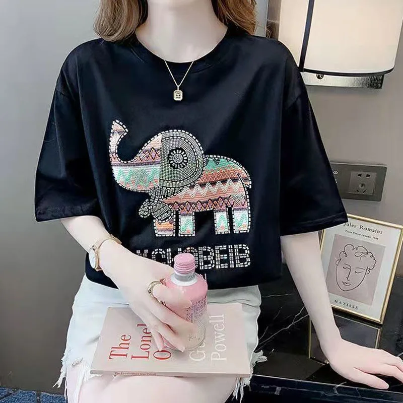 Korean Loose Round Neck Cartoon Embroidery Tops For Female Casual Fashion Diamonds Spliced T-shirt Summer New Women\'s Clothing