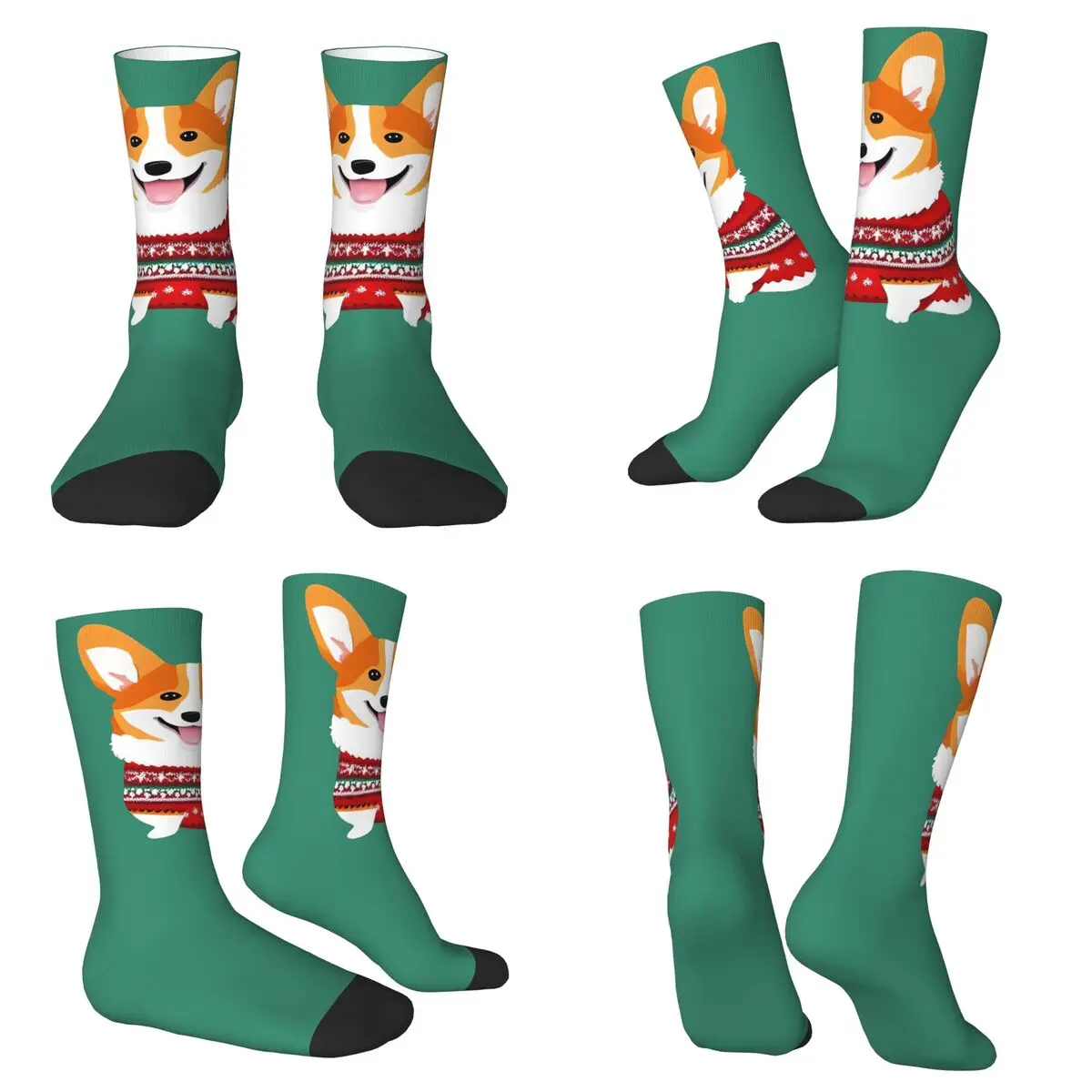 คอร์กี้สวมถุงเท้าลายคริสต์มาส ถุงเท้าสไตล์ฮาราจูกุ คุณภาพสูง ถุงเท้ายาวสำหรับทุกฤดู อุปกรณ์เสริมสำหรับของขวัญผู้ชายและผู้หญิง