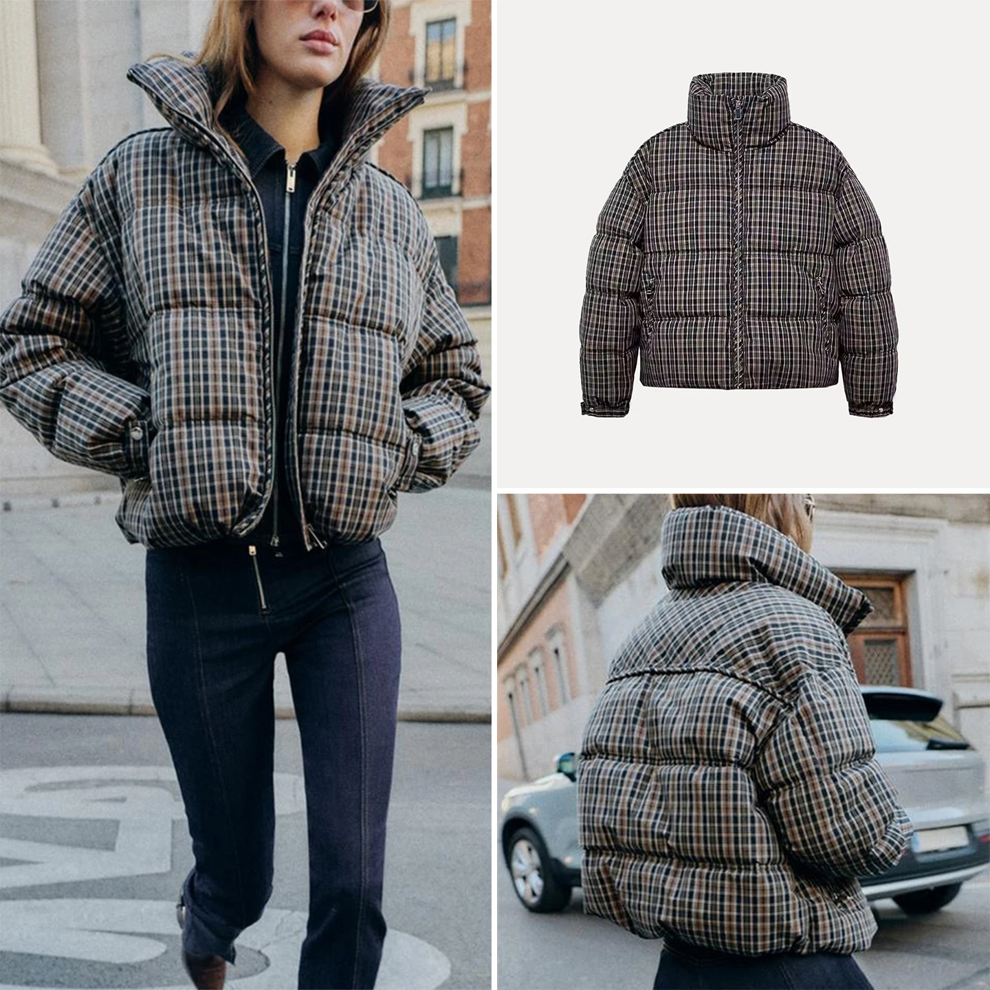 

Z 2025 Winter Faion Personali Simple Plaid Jaet Women's Coat Commute Sle Long Sve Zipper Closure Stand Collar