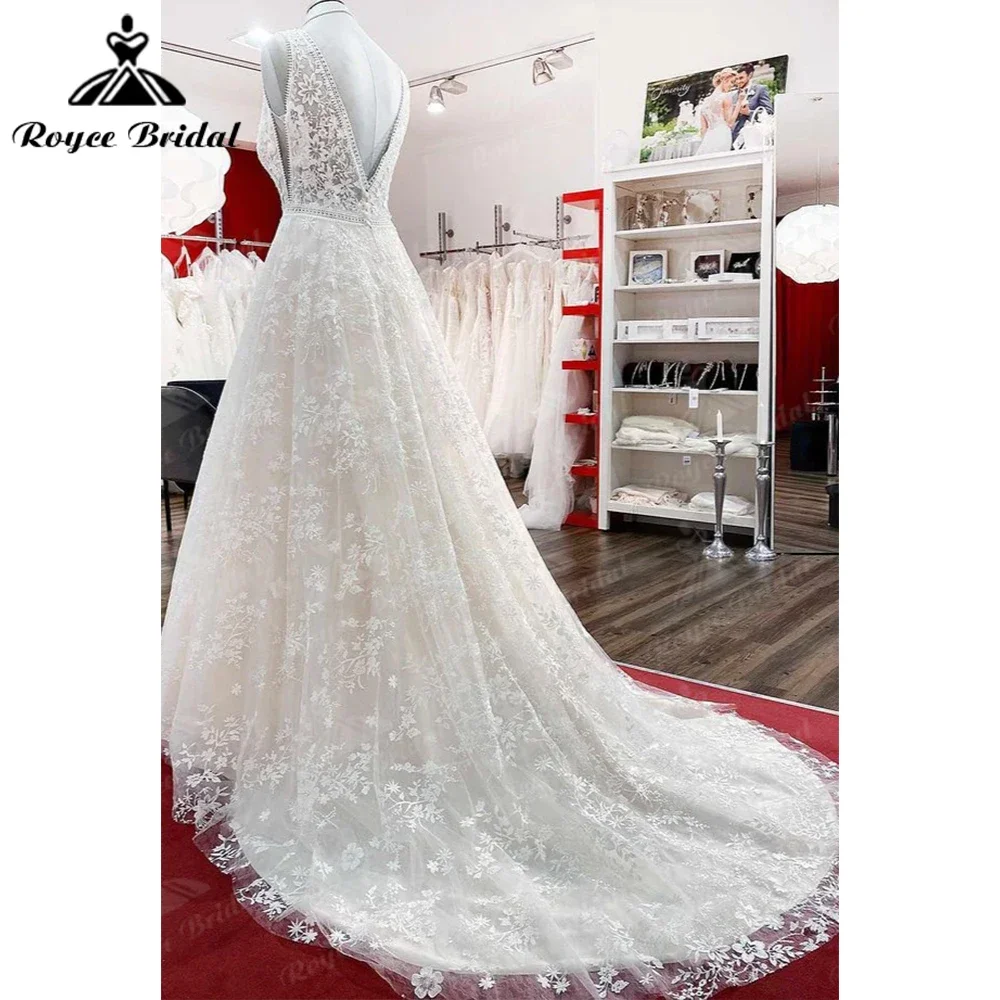 Lindo longo a linha de renda apliques vestido de casamento tule aberto volta sem costas sem mangas novidade vestido de casamento robe mariée