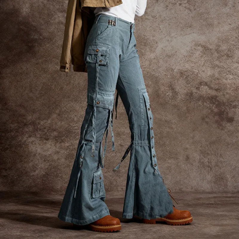 ANJY Spring Autumn New Women Stylish Y2K American Multi-pocket Fashion Flared Pants Safari Style Patchwork Casual Bottoms A24691