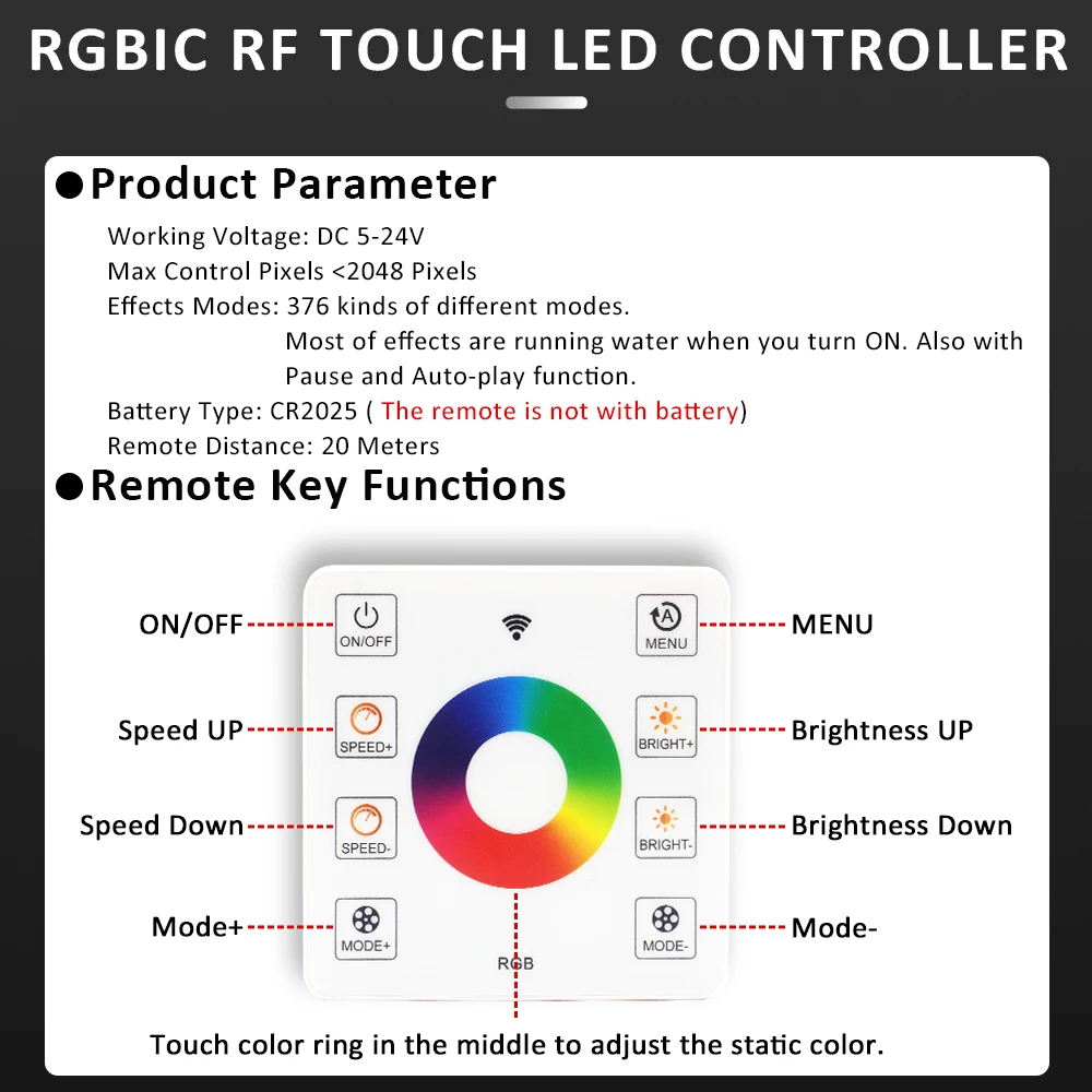 Bande lumineuse LED COB RGBIC WS2811 DC 24V colorée, 5/10/15/20m, ruban de course de chevaux flexible, télécommande sans fil