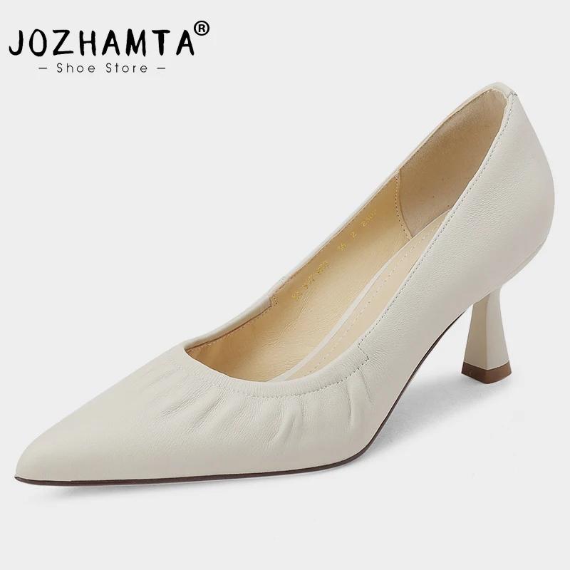 JOZHAMTA Classic Pumps For Women Genuine Leather Pointy Toe Vinatge High Heels Shoes Ins Fashion 2025 Office Dress Size 33-40