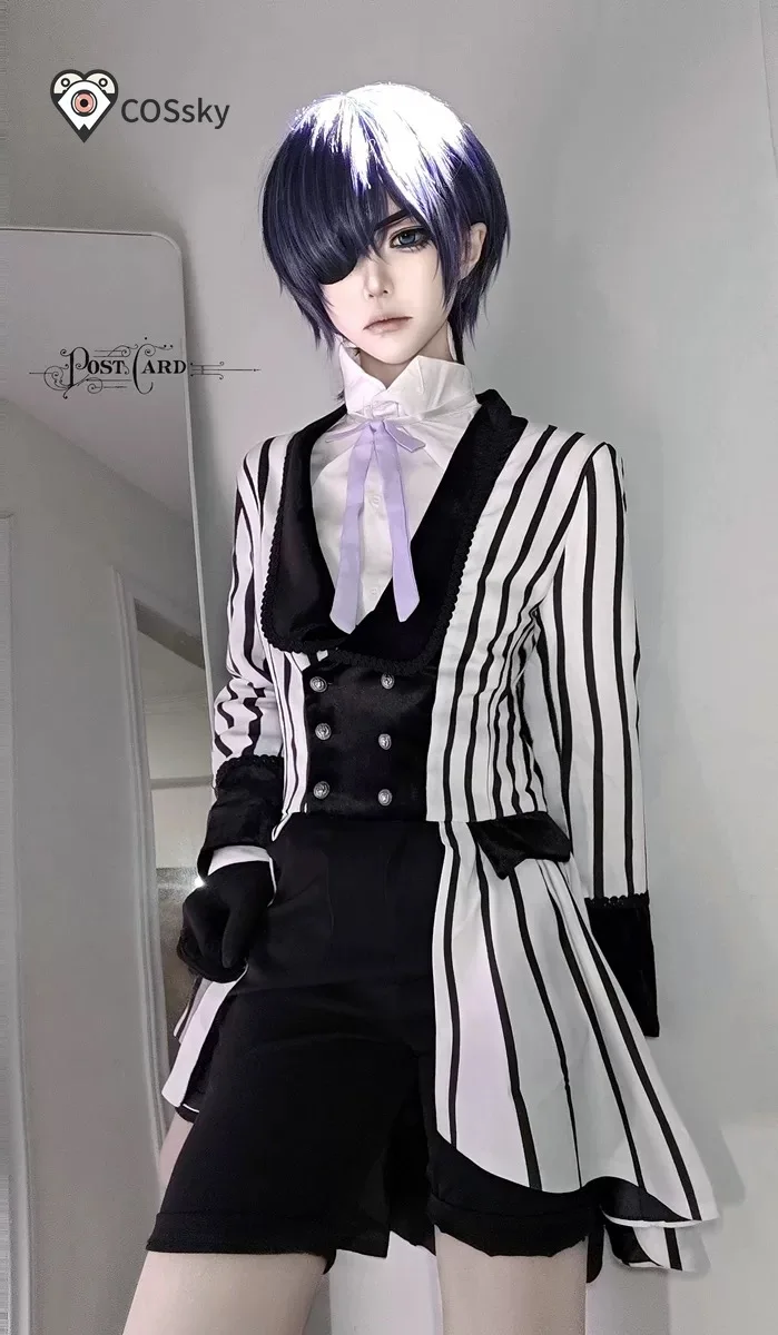 

Ciel Phantomhive Cosplay Costume Anime Black Cos Butler Women Man striped suit shorts tie shirt socks coat Halloween uniform