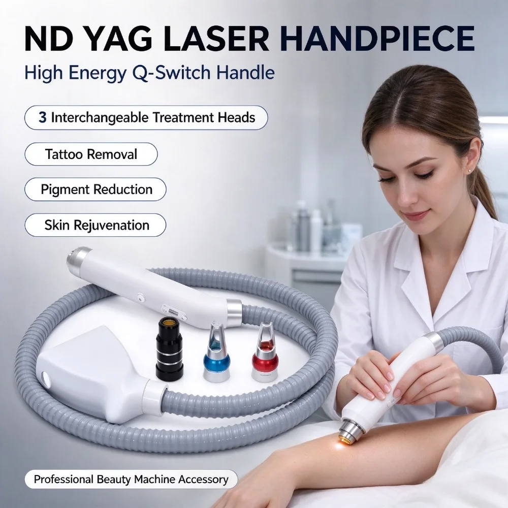 Nd YAG Laser Handpiece, High Energy Q-Switch Handle with 3 Pcs Laser Treatment Heads for Beauty Tattoo Removal Machine