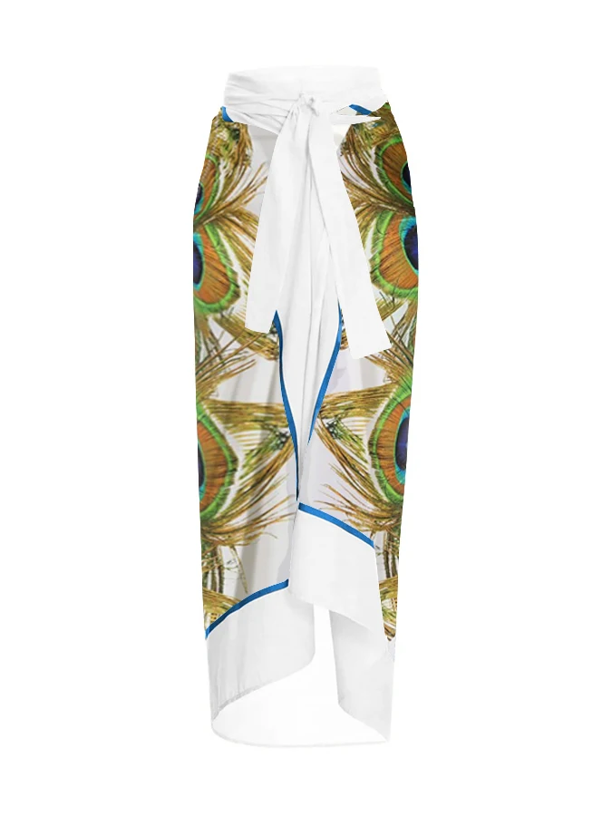 Peacock Feather Print Lace Up One Piece Swimsuit And Cover Up