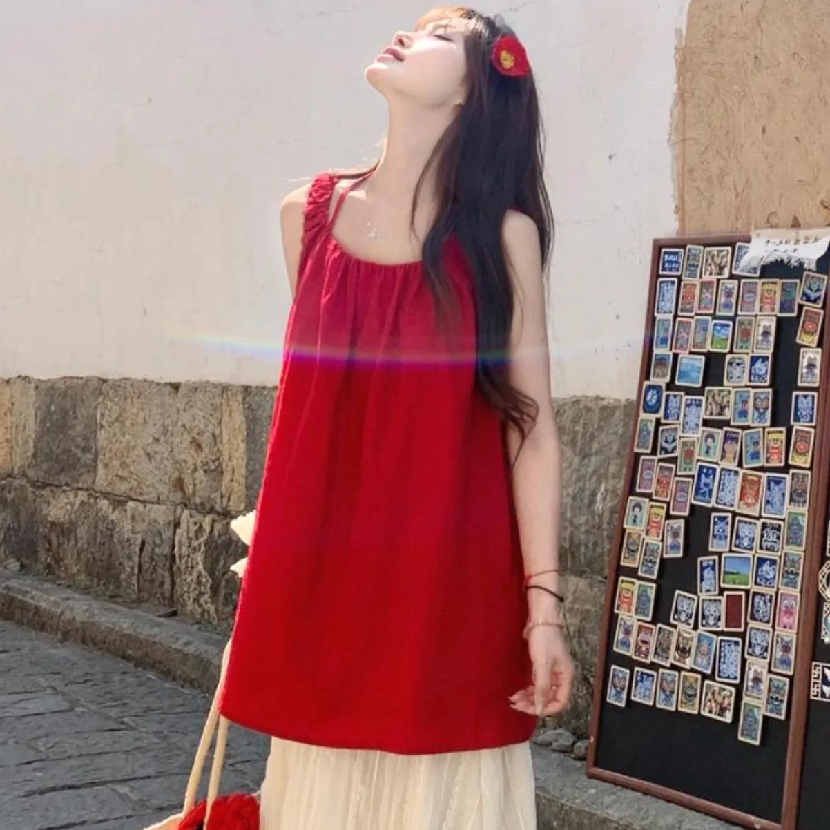 

Новый летний женский жилет на бретельках, свободный супер утягивающий белый висячий кукольный юбка, топ, уменьшение груди, удобная посадка