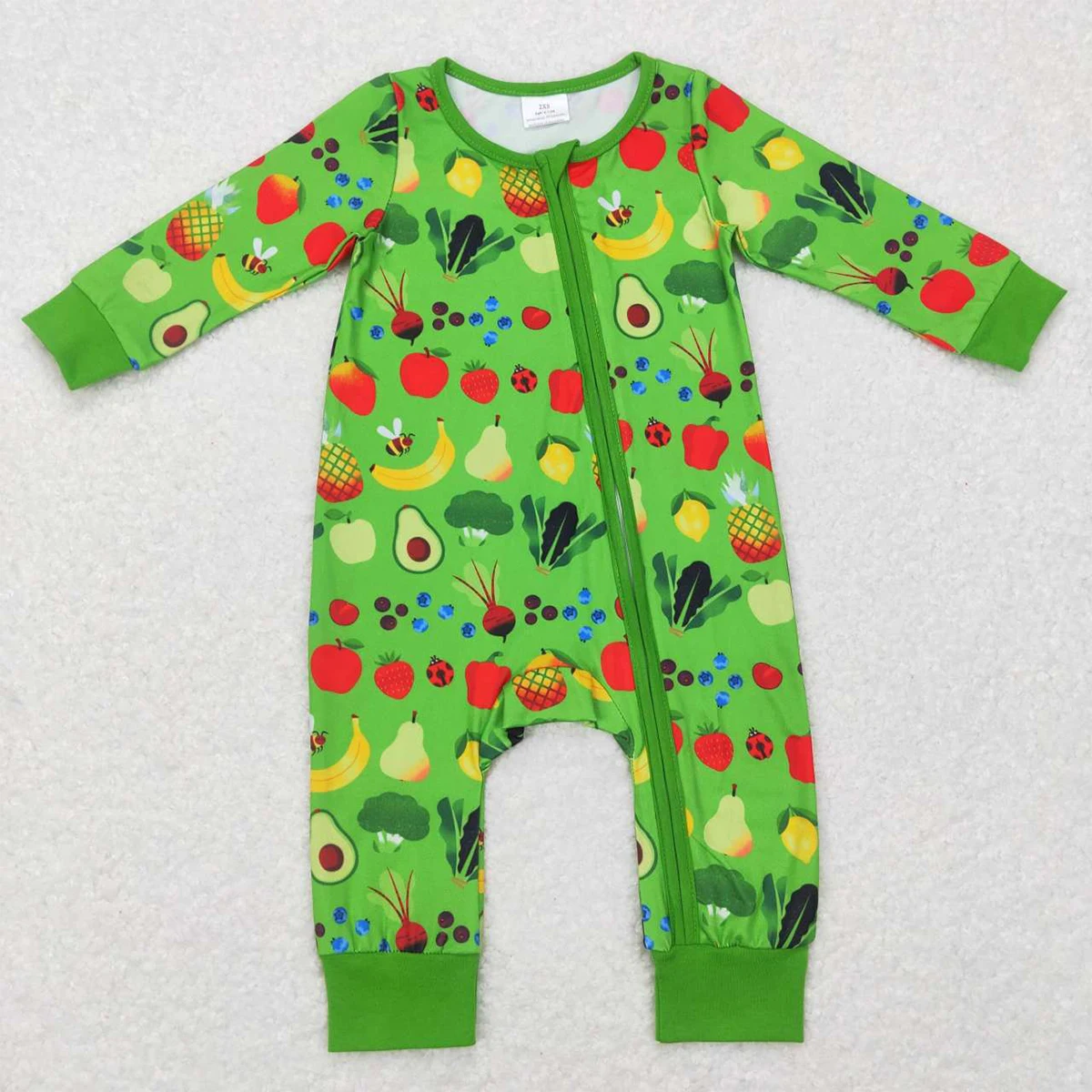 

Wholesale Hot Sale Baby Kids Clothes Newborn Toddler Fruit And vegetable Print Green Zipper Long-sleeved Onesie Rompers
