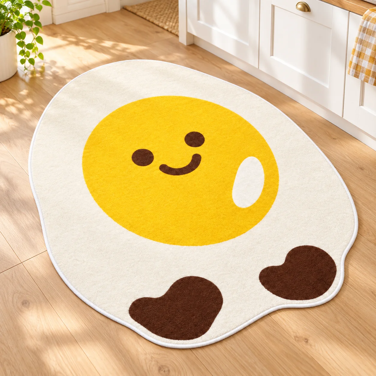 Adorable Fried Smiling Egg Shaped Area Rug Breakfast Food Floor Mat for Kitchen Bedroom Living Room, Fun Cozy Home Decor Gift