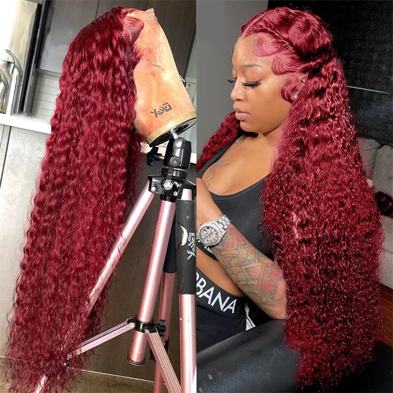 Soft Long 26Inch Burgundy Kinky Curly 180Density Lace Front Wig For Black Women Baby Hair Preplucked Daily Glueless Wig