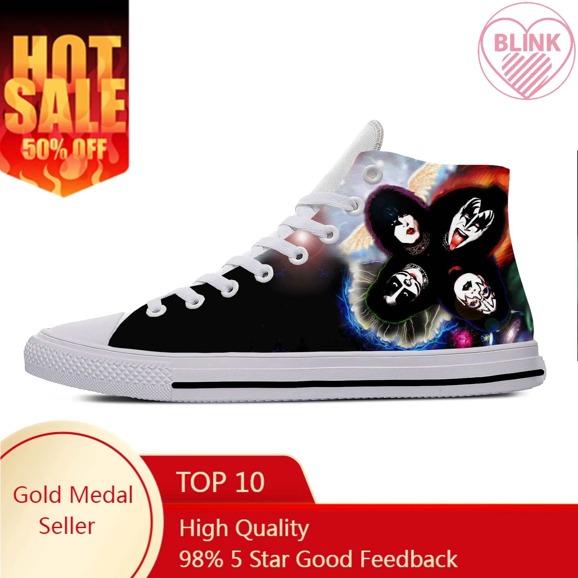 Heavy Metal Rock Band Kiss Music Fashion Grappige Casual Stoffen Schoenen Hoge Top Lichtgewicht Ademende 3d Print Heren Dames Sneakers