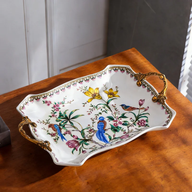 Villa and Clubhouse Light Luxury Vintage Ceramic Tray European and American Style Double-Handled Fruit Plate Living Room Decorat view 2