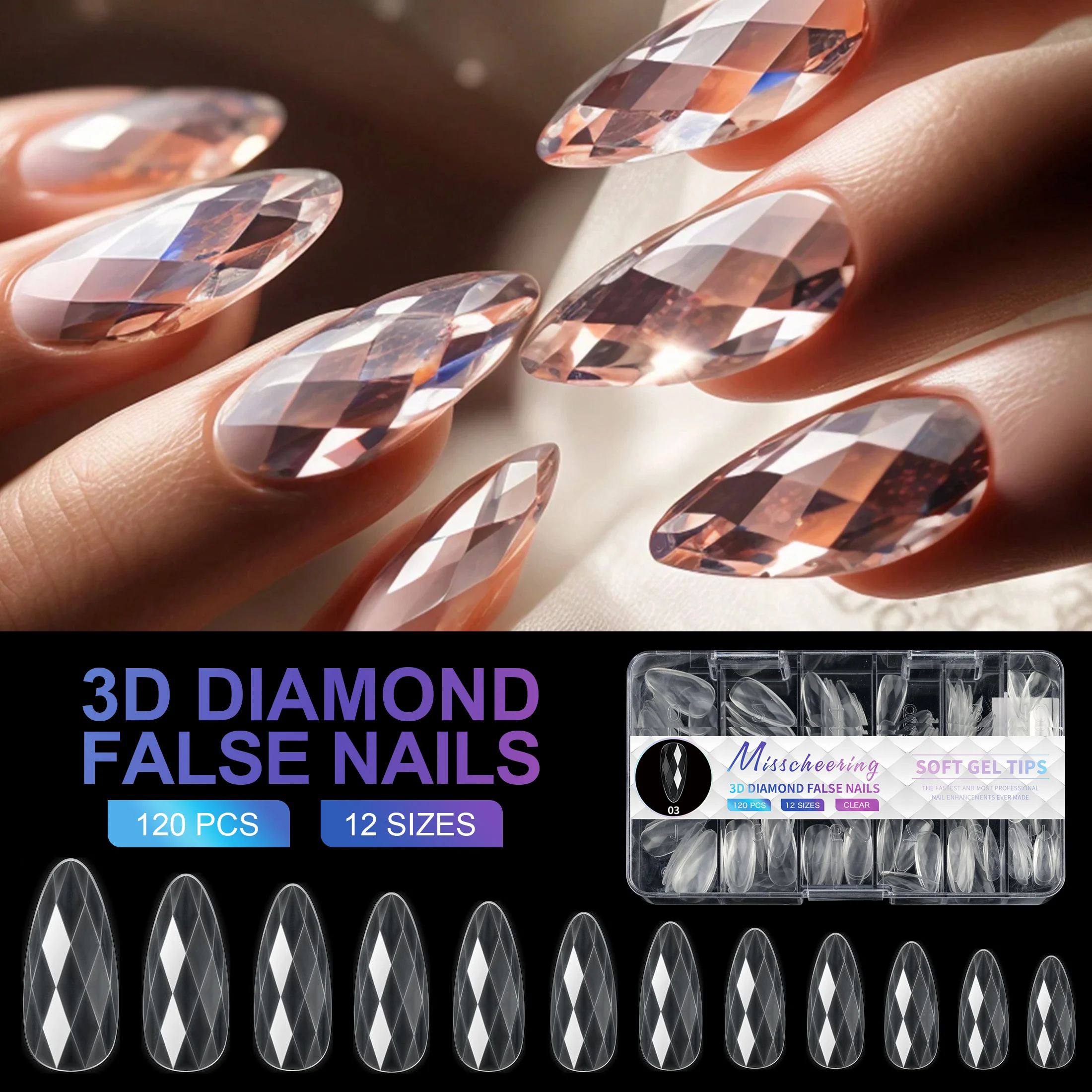 120/140pcs 스퀘어 아몬드 관 네일 확장 팁 자연 클리어 풀 커버 손톱 듀얼 폼 다이아몬드 소프트 젤 네일 팁