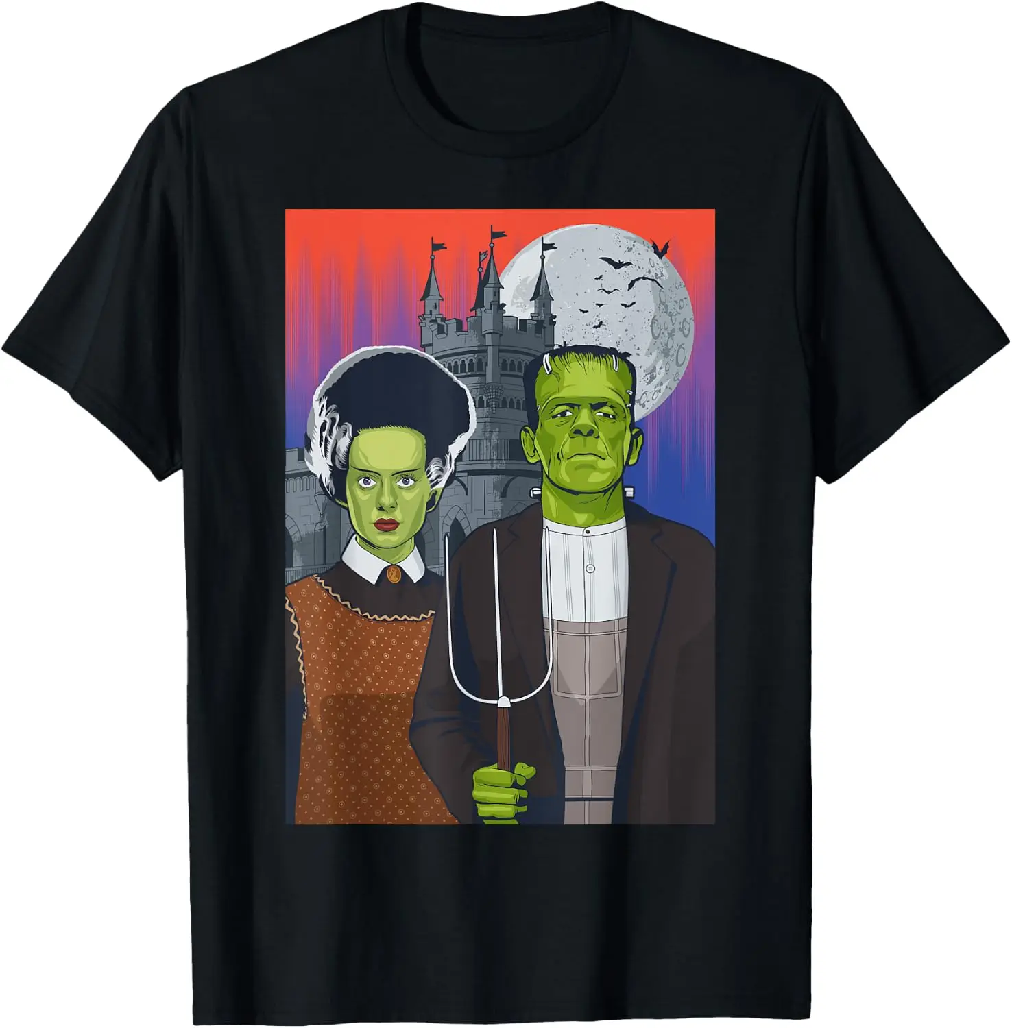 Frankenstein American Gothic Parody Halloween Monster T-Shirt Men Halloween Festival Printed Graphic Tee, Casual Crew Neck Short Sleeve Spooky Gothic T‑Shirt for Holiday Party and Halloween Gift for Men.