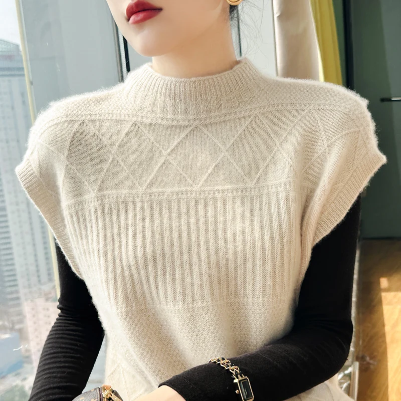 Half High Neck Sleeveless Wool Knit Vest For Women In AutumnWinter Solid Color Fashionable Warm And Loose 100%MerinoWool Sweater