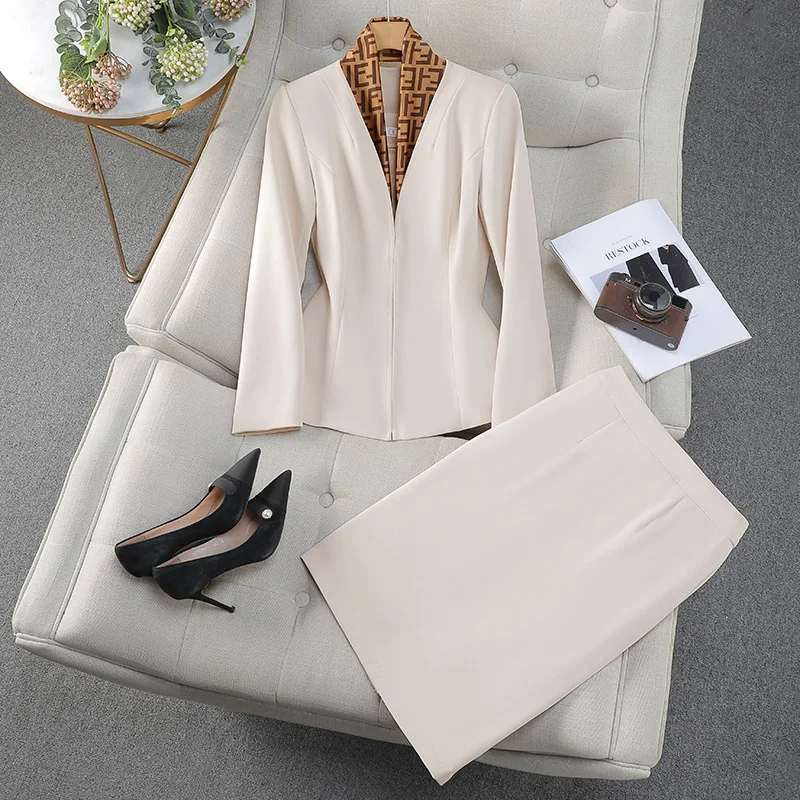 Autumn Women Suit Skirt Set 2 Pieces Blazer With Lapel Full Sleeves Formal Office Lady Cotton Jacket Coat In Stock