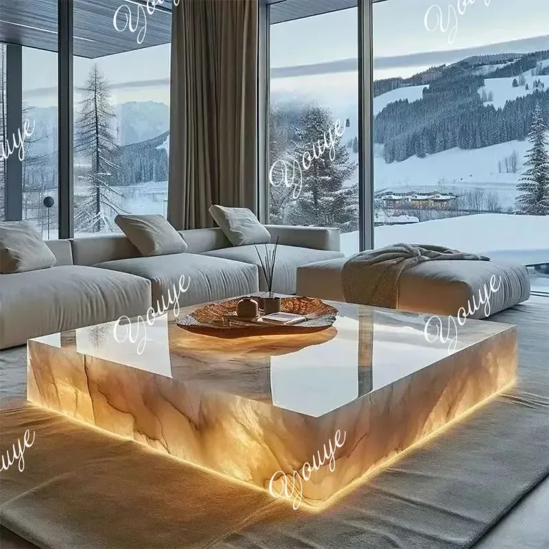 N63 Square Ice Crack Onyx Luminous Coffee Table Tea Table for Bar Pub Restaurant 48'' 1200mm Back Lighted Translucent Furniture