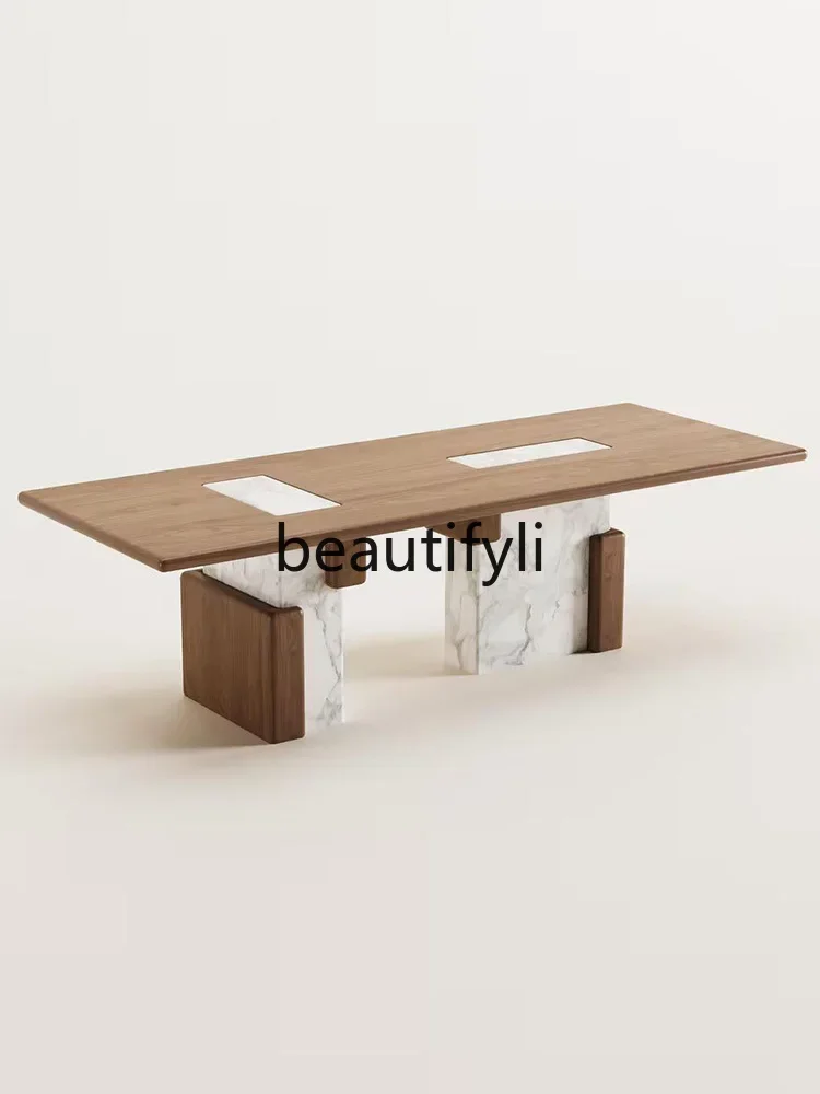 

ssK178 Italian minimalist rectangular solid wood dining table designer walnut high-end wabi-sabi retro marble dining table