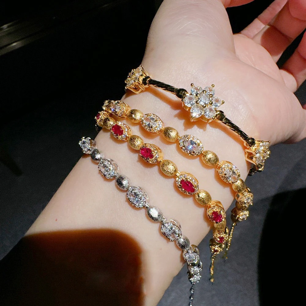 Vintage zircon colored gems red gem brushed bracelet luxury hand chain for women