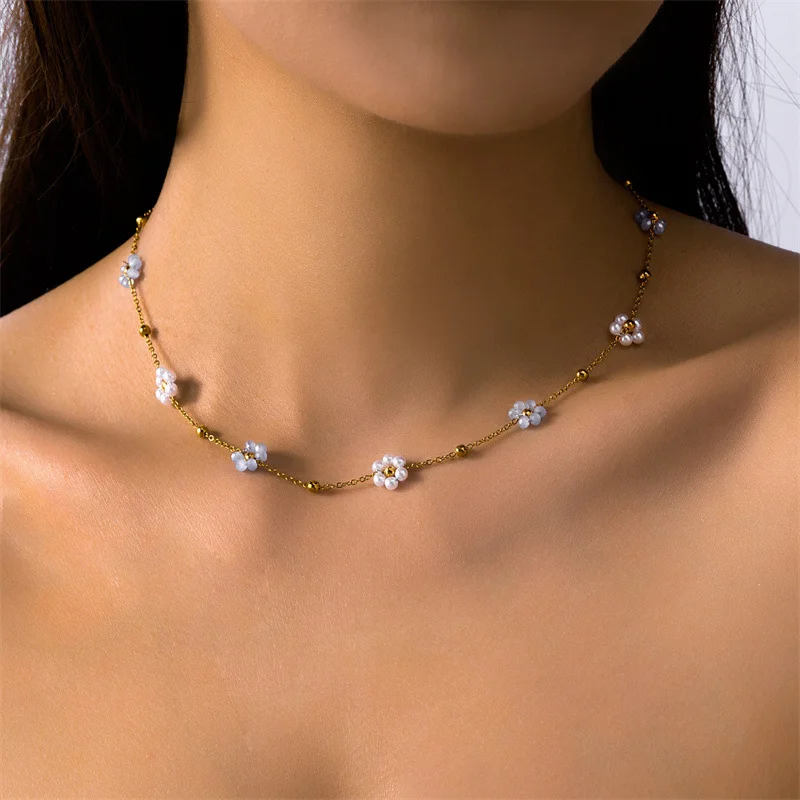 Fashionable Fresh Floral Pearl Bracelet Set for Women, Elegant Pearl Necklace, Stainless Steel High-end Accessory Sweet Gift