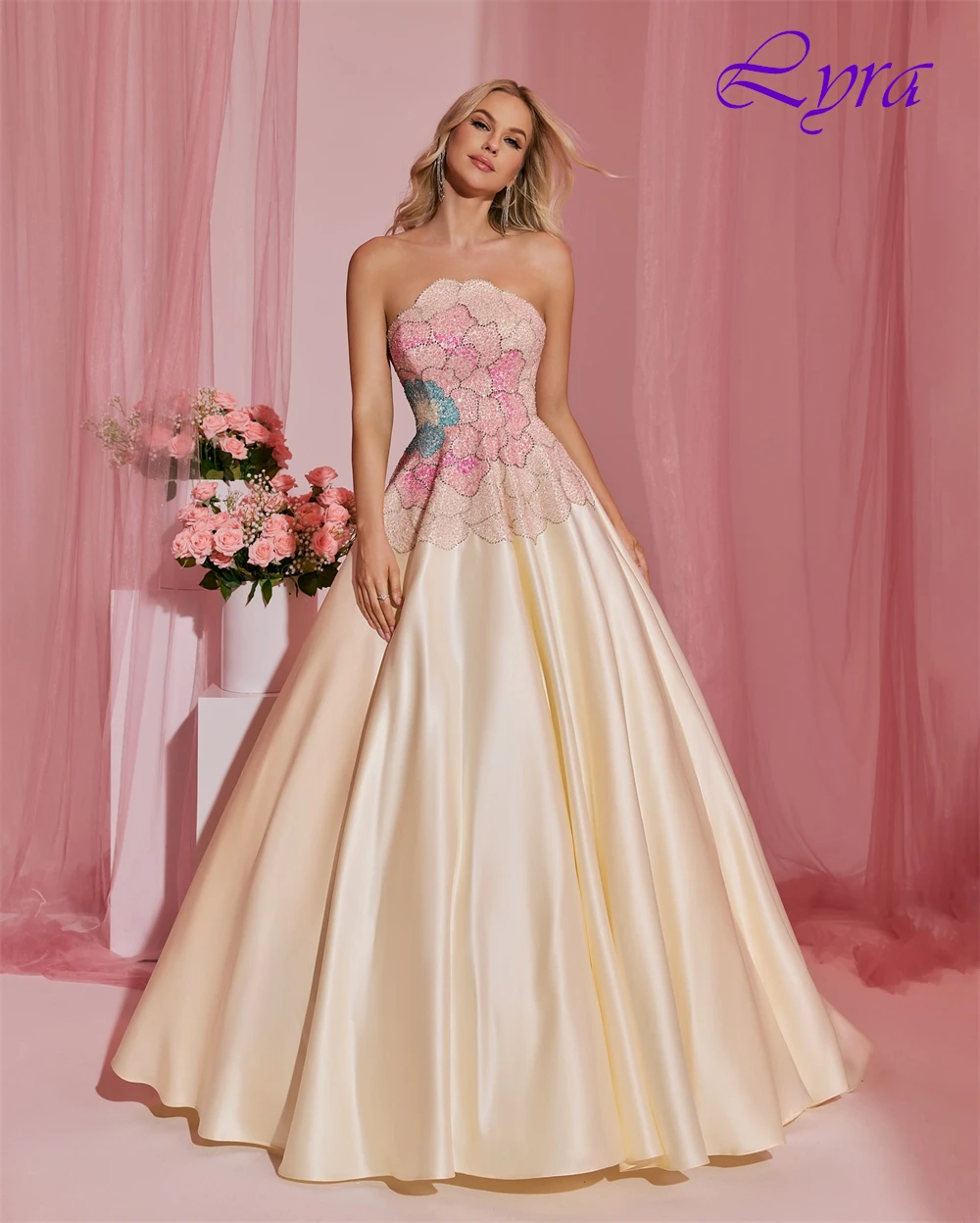 فستان سهرة أنيق مخصص بدون حمالات وفساتين مناسبة خاصة من الساتان الرائعة وفساتين حفلة موسيقية كريستالية مزاجية