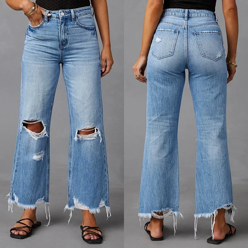 Hole Jeans Women Denims 2025 Streetwear Straight Pants Tassel High Waist Washed Distressed Ripped Vintage Ankle Length Trousers