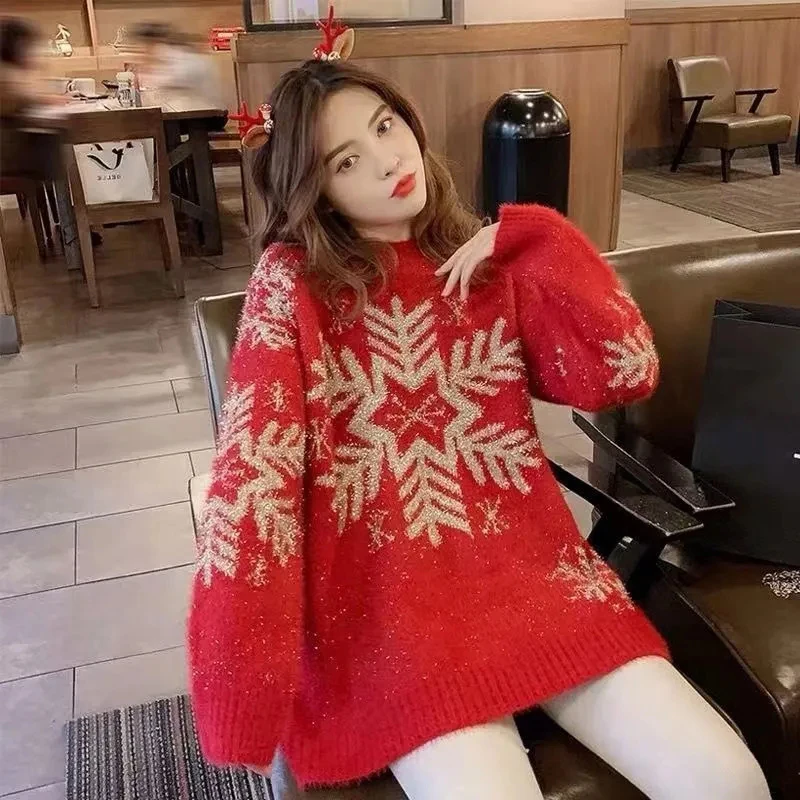 

Snowflake Christmas Red Sweater Women Long Sleeve Thick Warm Loose Knit Pullover Fall Winter Casual Lazy Preppy Style Jumpers