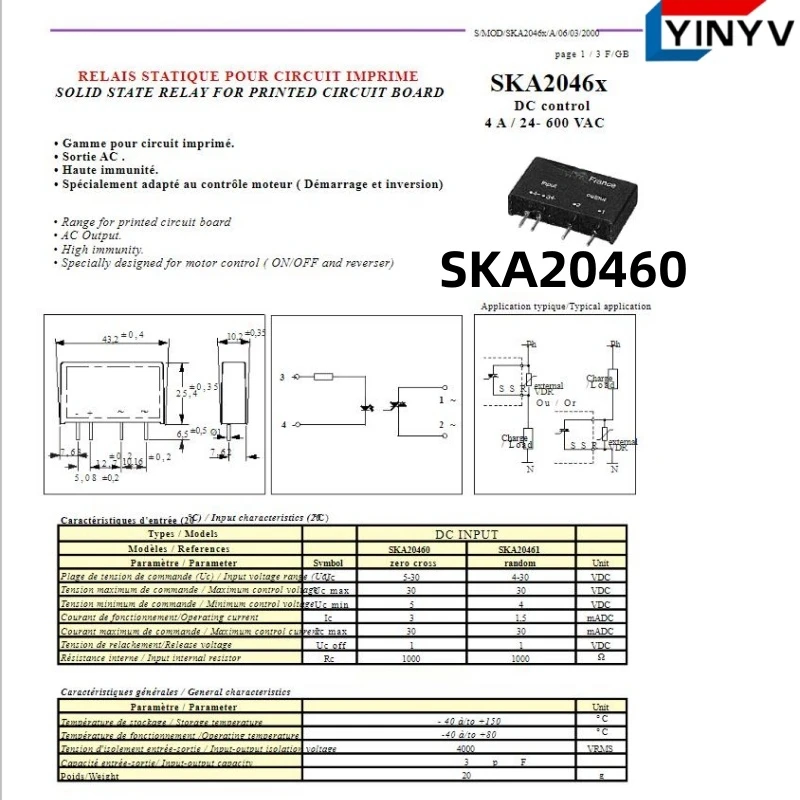 

1-5PCS SKA20460 DC control 4 A / 24- 600 VAC SOLID STATE RELAY FOR PRINTED CIRCUIT BOARD Chipset Original New 100% quality