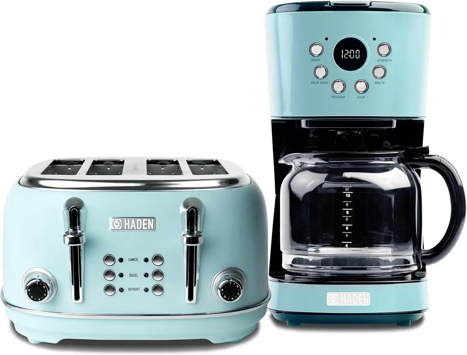 ماكينة صنع القهوة بالتنقيط القابلة للبرمجة سعة 12 كوبًا مع محمصة خبز من الفولاذ المقاوم للصدأ بفتحة واسعة مكونة من 4 شرائح، باللون الفيروزي