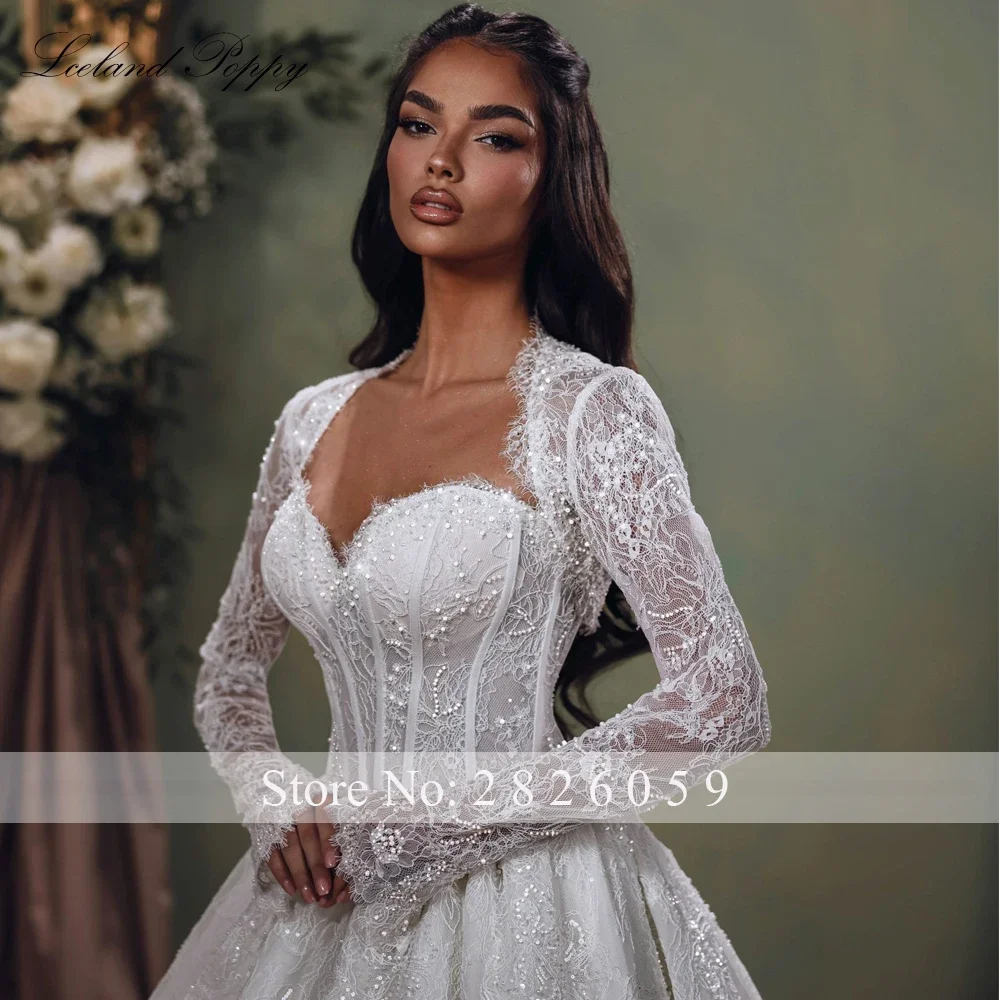 Customized Sweetheart Strapless Ball Gown Long Sleeves Lace Wedding Dresses Beaded Bridal Gowns with Removable Lace Jacket