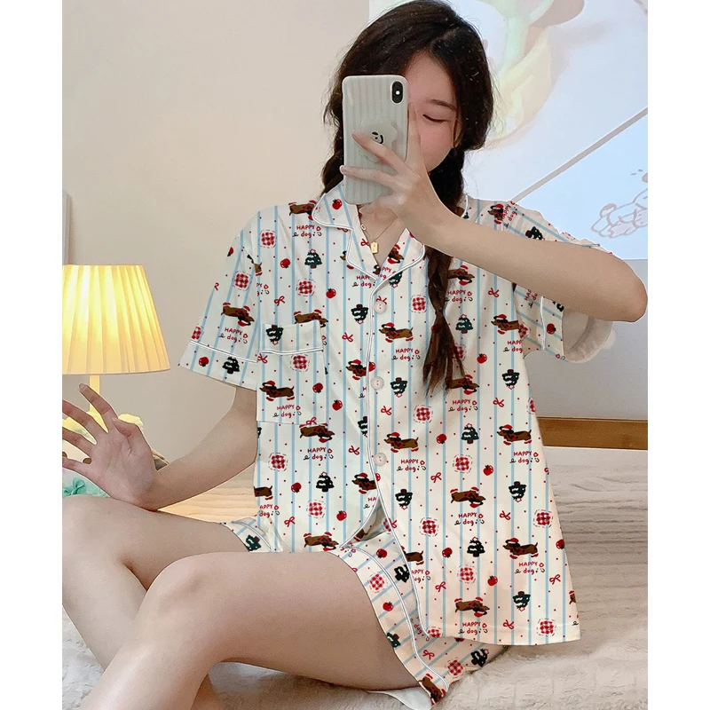 Женские пижамы в полоску с рисунком собаки и буквенным принтом, новые летние кавайные короткие крутые комплекты, комплект из трех предметов, корейская милая милая домашняя одежда