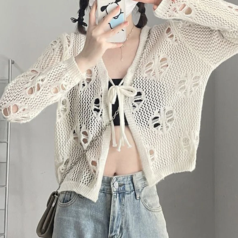 Women\'s Clothing Trendy Sexy Hollow Lace Up Solid Knitted Cardigan Female Simple Casual Sweet V Neck Long Sleeve Y2K Smock Tops