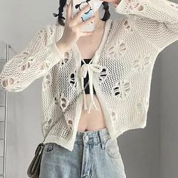 Women's Clothing Trendy Sexy Hollow Lace Up Solid Knitted Cardigan Female Simple Casual Sweet V Neck Long Sleeve Y2K Smock Tops