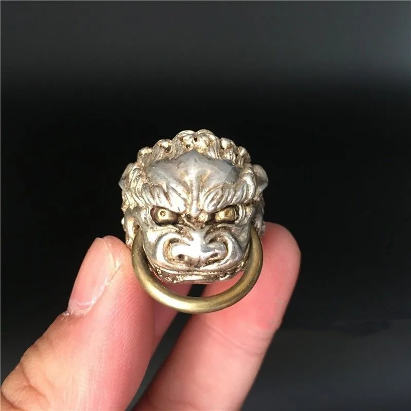 Chinese Tibet Silver Carved Lion Head Ring Fashion Decoration Gift Collection