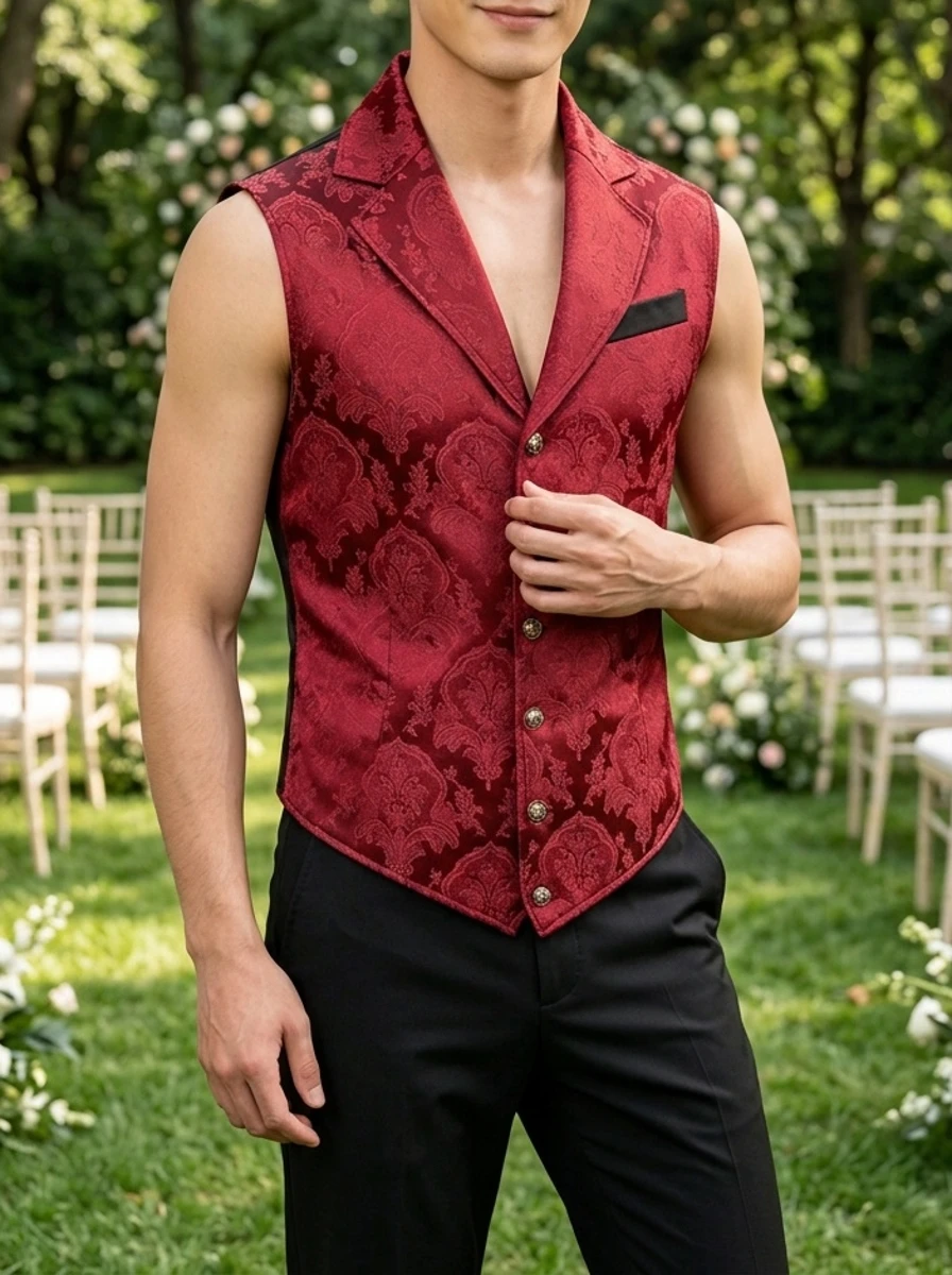 Men Vintage Jacquard Vest Lapel Waistcoat Elegant Victorian Gothic Sleeveless Formal Outerwear Daily Casual Halloween
