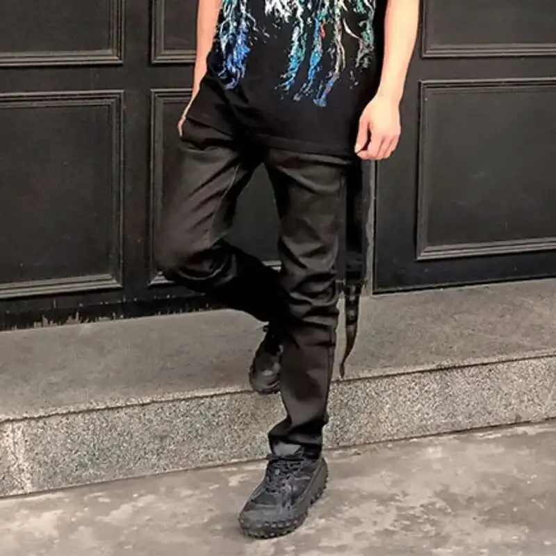 HKSH ฤดูใบไม้ผลิฤดูร้อนใหม่ Waxed Denim กางเกง RO สไตล์ Handmade พื้นผิวเคลือบตรง High Street ความยืดหยุ่นกางเกงยีนส์ Dark Chic HK3646