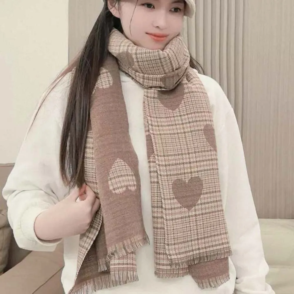 

Gift Acrylic Fibers Heart Knitted Scarf Warmer Soft Double-sided Scarf Hijab Tartans Printed Long Thickened Shawl Winter