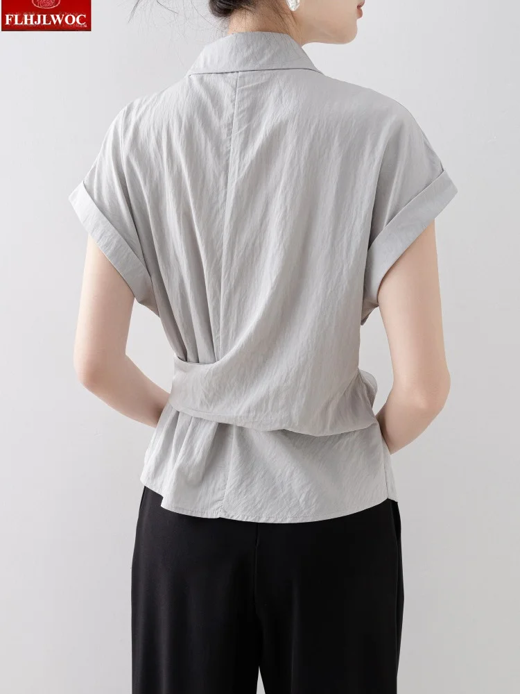 FLHJLWOC Brand Women's Elegant Commute Shirt Light Gray Thin Design Long Sleeve Blouse Lace-Up Slim Waist Bow Tie Tops 6