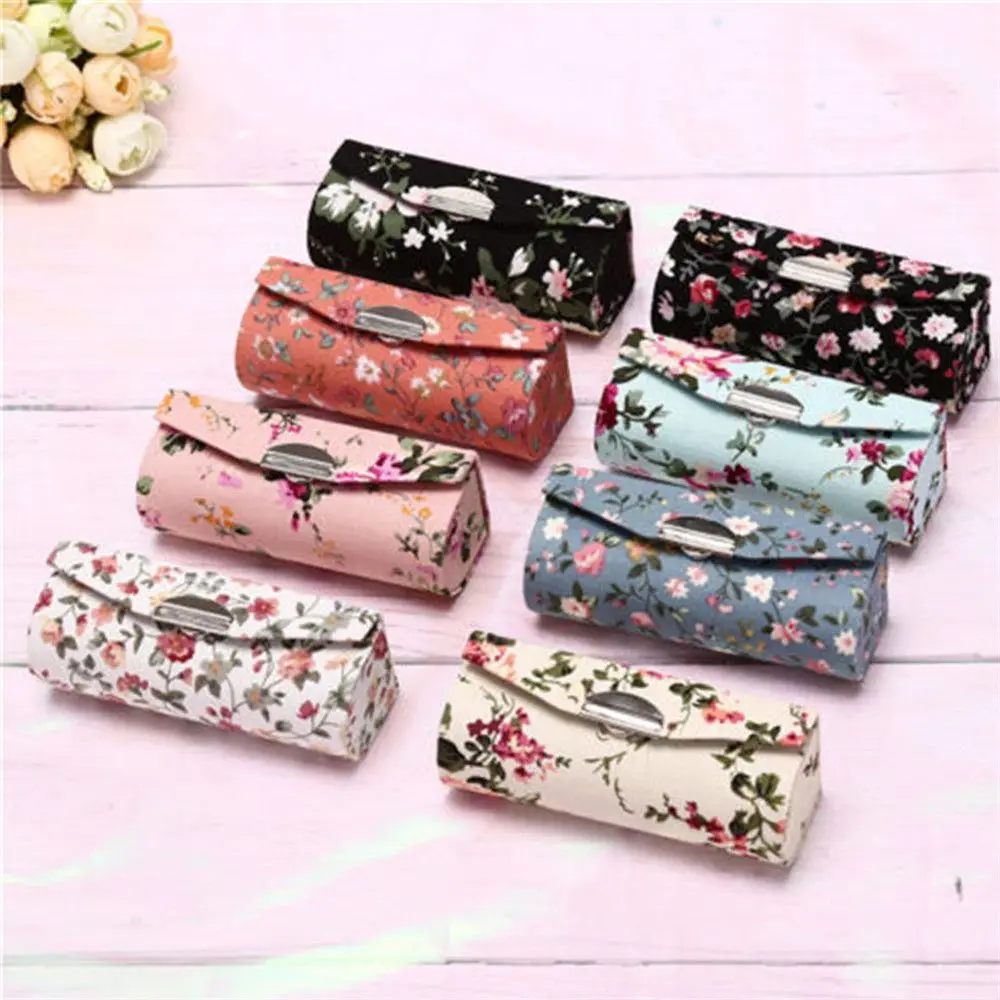 Women Beauty Flower Designs Retro Embroidered Mini Mirror Lip Gloss Box Lipstick Case Jewelry Holder