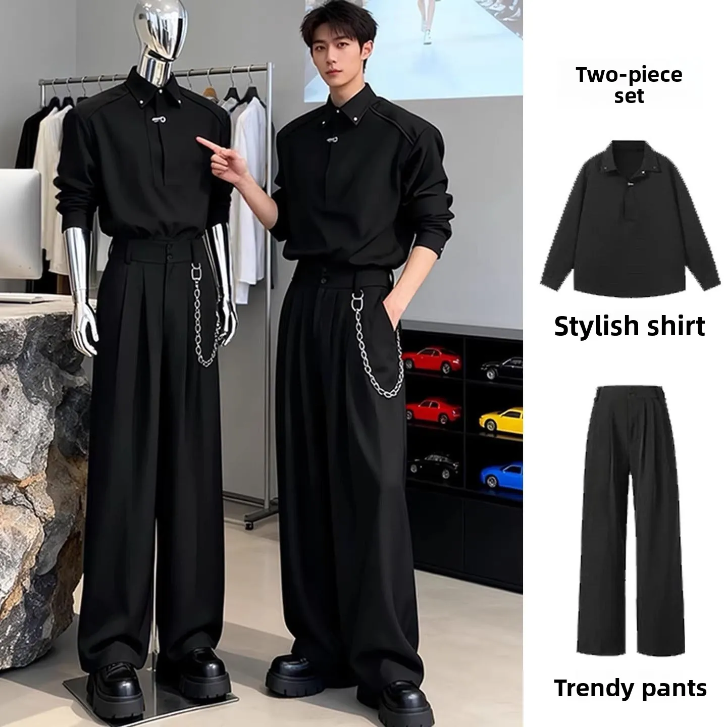 

Мужской комплект: черная рубашка с длинным рукавом и широкие брюки-палаццо. Модный повседневный спортивный костюм для ранней весны.