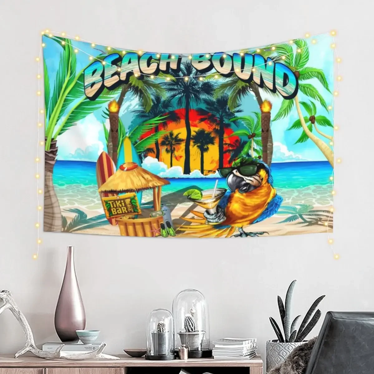 Beach Bound Fun Summer Time Tiki Hut Parrot Design Tapestry Wall Deco Cute Room Things Room Decor Aesthetic Tapestry